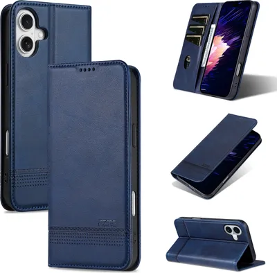 Image de Etui en cuir pour iPhone 16, étui portefeuille pliable avec fermeture magnétique et support bleu