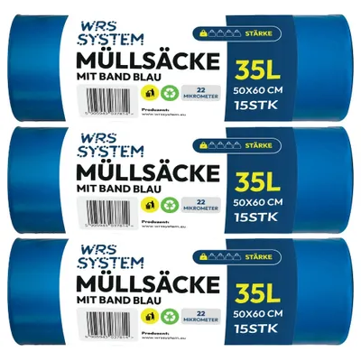 Zdjęcie produktu dla WRS System Zestaw 3 worków na śmieci z tasiemką 35 l 3x15 szt. Worki na śmieci o dużej wytrzymałości Worki na śmieci, niebieskie