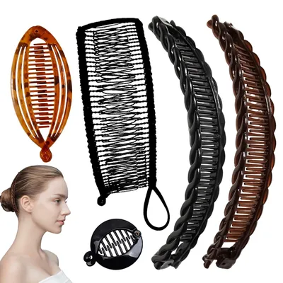 Image de Lot de 5 accessoires pour cheveux en forme de banane : barrettes, élastiques pour queue de cheval, barrettes en forme de banane, peignes métalliques, adaptés aux cheveux longs, bouclés ou lisses