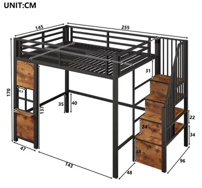 Imagen del producto de Cama alta - Estructura de cama de metal - 140 x 200 cm - Negra - Con barandilla de seguridad - Espacio de almacenamiento abierto - Diseño con ventanales - Sin colchón