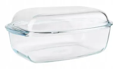 A clear glass baking dish with a lid, isolated on a white background.