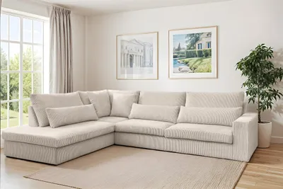 Productafbeelding van Designbank THORA, model Ecksofa, bekleed met stof Poso in de kleur Altweiß, met een losse ottoman aan de linkerkant