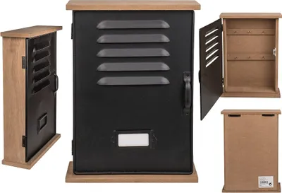 Multiple views of a wooden and metal key cabinet designed to look like a locker.