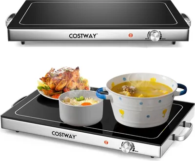 A collage showing a warming tray and the warming tray in use with food.