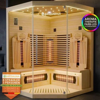 Produktbild von ARTSAUNA® Infrarotkabine Malmö140 Natur - 3 Personen, Hemlock Holz, dimmbare Vollspektrumstrahler, LED-Farblicht