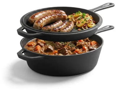 Image de Casserole en fonte émaillée 2-en-1, idéale pour braiser et mijoter, de 26 cm avec couvercle-poêle