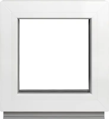 A white framed window with a clear glass pane, set against a white background.
