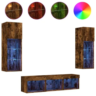 Produktbild von 5-tlg. Wohnwand mit LED-Beleuchtung Räuchereiche Holzwerkstoff