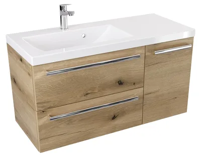 Produktbild von ATHD Wandhängender Waschtischunterschrank mit Waschbecken 90 cm Tiefe links - Evoke  Matt Eiche - Chromgriffe