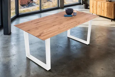 Produktbild von Refurbished Möbelretoure Esszimmertisch Schweizer Kante / gerade Ecken massiv & geölt Eiche 180x90 weiß U-Gestell Lotte