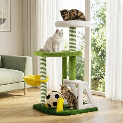 Productafbeelding van COSTWAY 100 cm kraboom in voetbaldesign, kattenboom met hangmat, sisal krabpalen, krabbal en zachte pluche, meerlaagse kattentoren