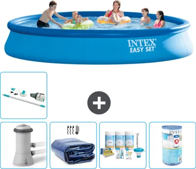 Produktbild von Intex runder aufblasbarer Easy Set-Schwimmpool – 457 x 84 cm – Blau – inklusive Pumpe Sonnensegel - Wartungspaket - Filter - Staubsauger