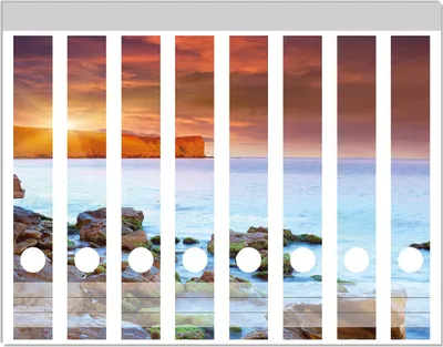 Produktbild von Wallario Ordnerrücken Sticker, selbstklebend für schmale Ordner, 8 Stück, Motiv Sonnenaufgang am Meer mit Landzunge und Felsen im Wasser