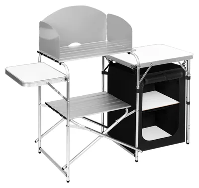 Immagine prodotto di Cucina da campeggio in alluminio - Tavolo pieghevole per picnic e barbecue - Tavolo da esterno - Spazio di stoccaggio - Borsa da trasporto - 147 x 40 x 111 cm - Bianco/Nero
