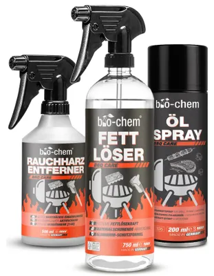 Produktbild von bio-chem Grill- und Backofen Reinigungsset 3-teilig | Rauchharz-Entferner Grillreiniger, Fettlöser & Ölspray | Für Gasgrill, Backofen, Edelstahl & Gusseisen | Profi-Grillpflege  Germany