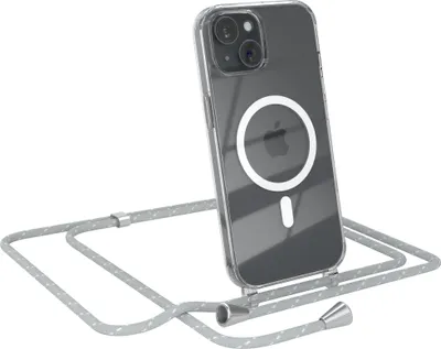 A transparent phone case with a magnetic ring and a gray and white lanyard is shown against a white background.