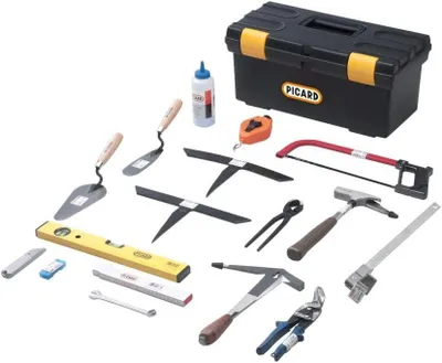 Produktbild von PICARD Starter Set Dach 1 Dachdecker Werkzeugkoffer 18-teilig mit Schieferhammer XL Latthammer 298 und Haubrücken Nr. 0070003-17