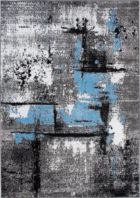 An abstract patterned rug with gray, black, and blue colors.