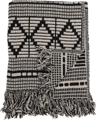 A folded throw blanket with a geometric pattern and fringe.