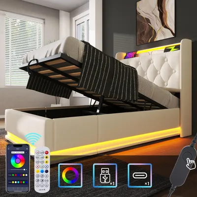 Immagine prodotto di Letto imbottito letto singolo, LDE 90 x 200 cm, materialePoliuretanobianco Letto contenitore idraulico, testata con USB Type-C Senza materasso