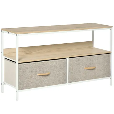 Image de HOMCOM Meuble TV Bas sur Pieds support TV pour télévison jusqu'à 47 pouces Style Industriel 2 tiroirs en Tissu Gris Bois Naturel et métal Blanc