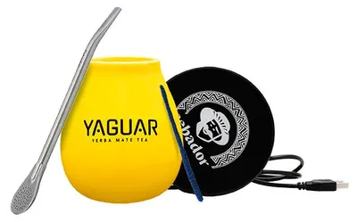 Produktbild von Cebador - Mate Becher Set Yaguar Gelb 350ml - Mit Elektrischem USB Tassenwärmer 10W & Bombilla Mercedes - Yerba Mate