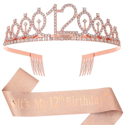 Geburtstagsschärpe & Tiara-Set, roségold, Glitzer & Strass, 2-teilig