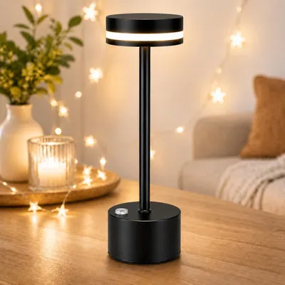 Produktbild von LED Tischlampe kabellos, 3 Farbtemperaturen & stufenlos dimmbar, Akku 1800mAh, 360° Licht, Wiederaufladbar Warme Lichtfarbe Tischleuchte, Schwarz