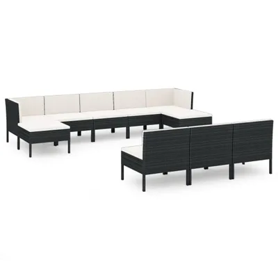 Image de vidaXL Ensemble salon de jardin 10 pièces avec coussins Poly rotin noir