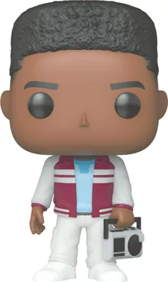 A Funko Pop! vinyl figure of Lucas Sinclair from Stranger Things, holding a boombox.