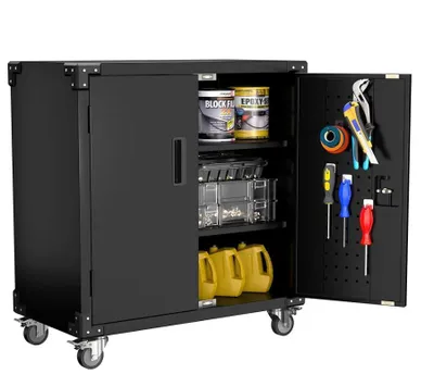 Image de Armoire à outils, armoire métallique à roulettes, armoire de garage avec 2 portes, armoire d'atelier à roulettes 80 x 42 x 90 cm noir
