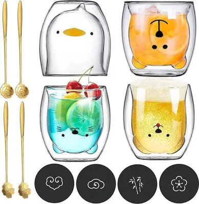 Produktbild von 4-teilig doppelwandiges Isolationsglas - mit Löffel und Untersetzer - Kaffee- und Theeglas, Drinkglas, Espressoglas, kreatives Milchkännchen, Whisky-Geschenkmokka