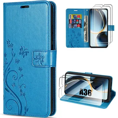 Image de Coque + 2 Verres Trempés pour Samsung Galaxy A36 5G, Protection Rabat Antichoc Synthécuir Motif Papillon Bleu