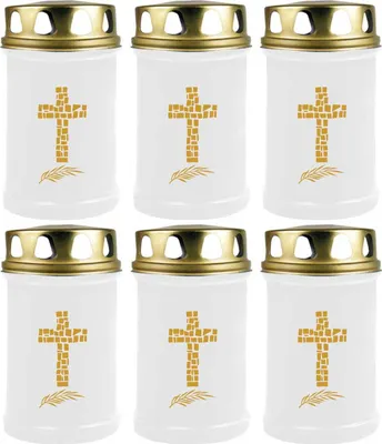 Productafbeelding van Grabkaars wit, set van 6 (met gouden opdruk), 48 uur brandduur per kaars, afbeelding: kruis