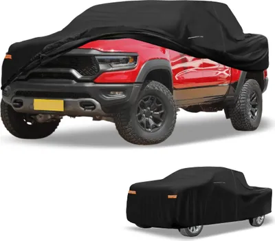 Produktbild von Autoabdeckung Wasserdicht Alle Wetter Automobil Au?en Anti-UV Sonne Regen Schutz Vollst?ndige Au?enabdeckung fš¹r Dodg fš¹r Ram 210D-PU Schwarz mit Reflektierenden Streifen