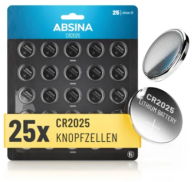 Produktbild von ABSINA Knopfzellen CR2025 25er Pack - CR 2025 Knopfzelle auslaufsicher & langer Haltbarkeit - CR2025 Batterien Knopfzellen