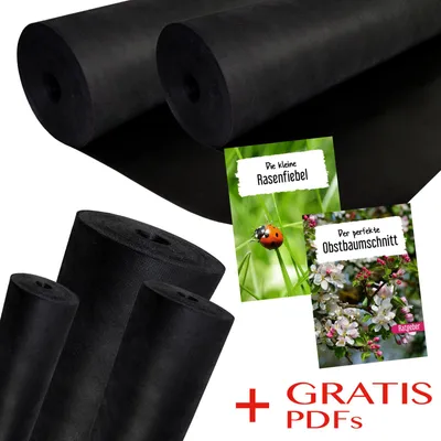 A collage of black landscape fabric rolls and two small booklets with gardening tips.