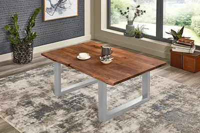 Produktbild von Couchtisch Baumkante massiv Akazie Nussbaum 140 x 75 silber BILLY