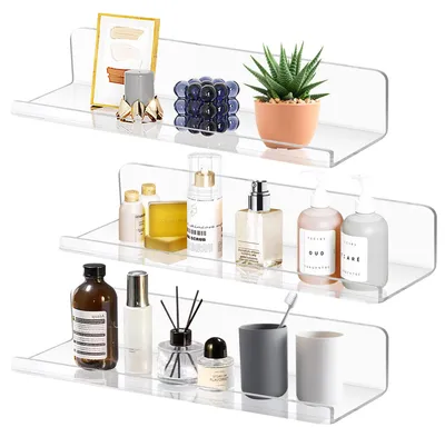 Produktbild von Set aus 3 Wandregalen, schwebende Regale ohne Bohren, 30 cm breit, transparente Acryl-Wandregale für Badezimmer, Wohnzimmer und Schlafzimmer, schwebend, Industriestil.