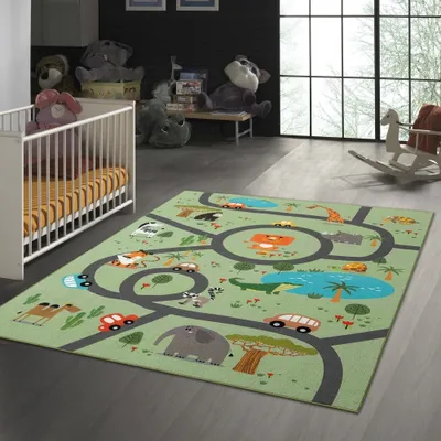 Image de Tapis de sol antidérapant pour enfants avec des animaux, vert, dimensions : 140 x 200 cm