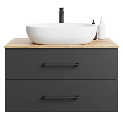 Produktbild von Planetmöbel LUX Badmöbel-Set Waschbecken mit Unterschrank 90 cm Gold Eiche/Anthrazit hängend & Aufsatz-Waschbecken 60 cm Weiß