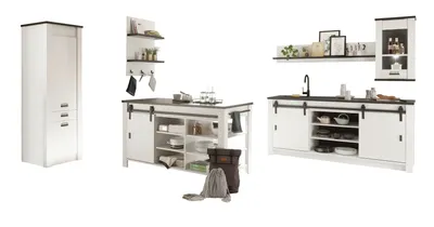 Produktbild von Küche mit Kochinsel "Stove" in weiß Pinie Küchenschrank Set 6-teilig