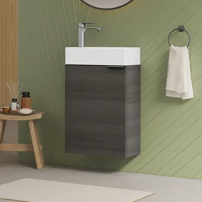 Produktbild von EMKE Waschbeckenunterschrank mit waschbecken 417×240×646 mm inkl. Armatur,  Waschtischunterschrank, verstellbarer Einlegeboden, Grau in Holzoptik