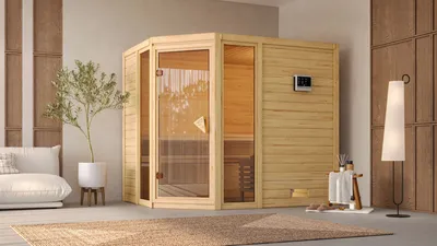Produktbild von Karibu Sauna Innensauna Sinai 3 Eckeinstieg Ofen 9 kW integr. Strg  236x184x208 cm ohne Dachkranz