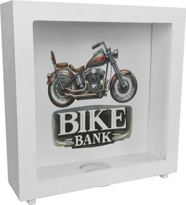 Produktbild von Retro Chopper Motorrad Rahmen Spardose aus Holz mit Spruch Bike Bank