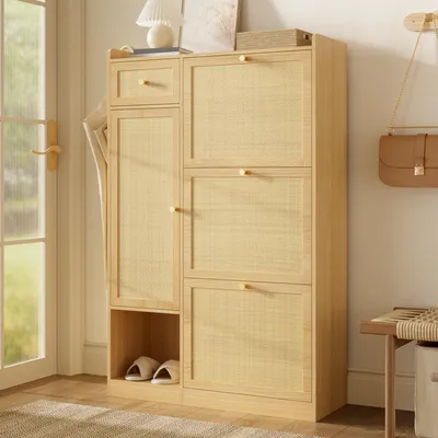 Produktbild von Merax Schuhschrank mit 3 Klappfächern, Rattan Schuhkipper mit Schublade und Tür, schmaler Schuhschrank für Flur Eingangsbereich Aufbewahrung, Natur