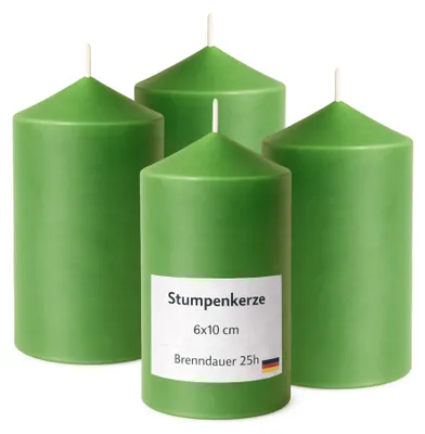 Imagen del producto de Velas tipo "stumpen" de 6 cm de diámetro x 10 cm de alto, color verde, paquete de 4 unidades