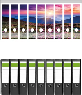 Produktbild von Wallario 9 Stück breite Ordner inkl. Klebeetiketten mit Motive Blumenbedeckte Wiese bei Sonnenuntergang -  Set mit Rückenschildern / Ordnerrücken Stickern