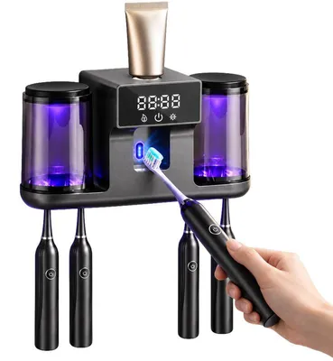 Produktbild von Elektrischer Zahnbürstenhalter mit UV-Reinigung, automatischer Zahnpastaspender, Wandhalterung ohne Bohren, 4 Zahnbürstenplätze, 2 Becher, USB