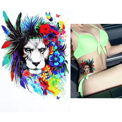 Produktbild von Temporäres Tattoo Löwe mit Federn Bunt Design Temporary Klebetattoo Körperkunst